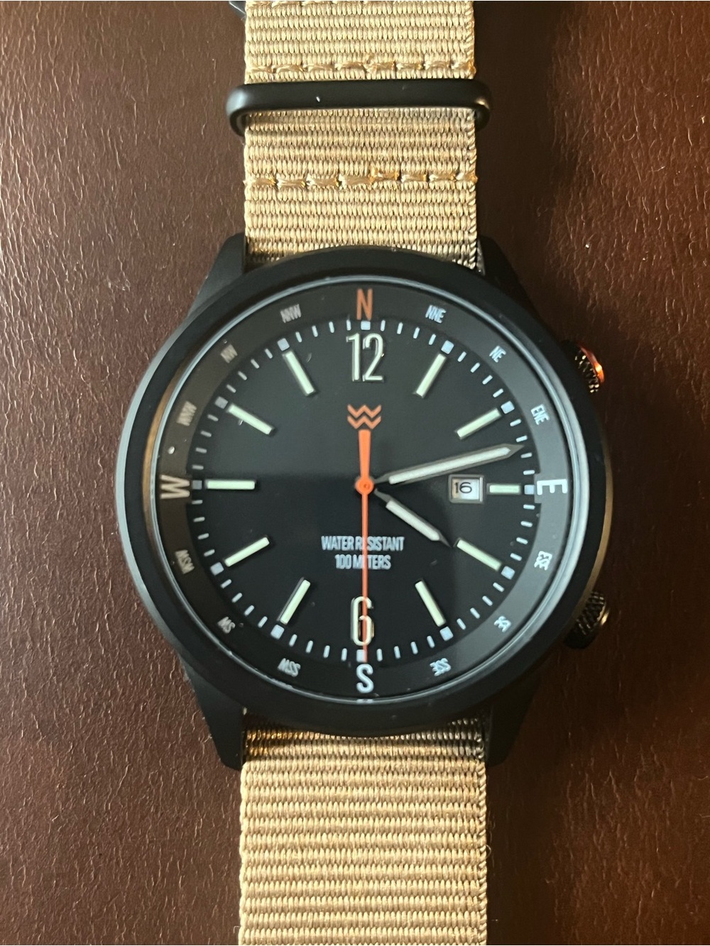 Wren Black Dial Watch with Tan Strap and Orange Accents